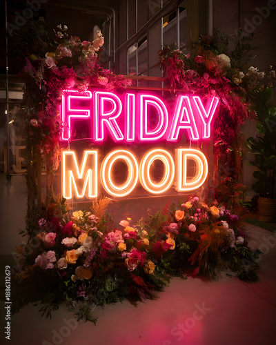 Friday Mood Neon Quote In Floral Garden