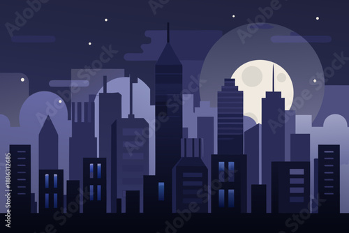 Minimal dark city background with simplified buildings and a large moon cityscape night 2 blue purple