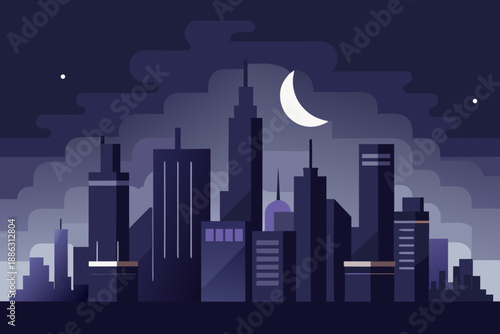 Minimal dark cityscape with simplified buildings and crescent moon at night skyscrapers