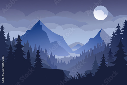 Minimal of a foggy night forest with blue mountains and a bright moon trees