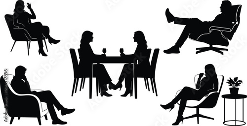 People relaxing and socializing silhouette illustration set showing sitting, talking and dining scenes, modern lifestyle moments in black and white vector artwork