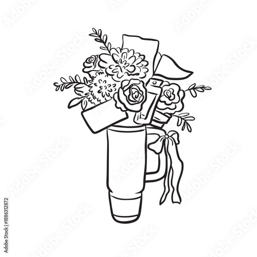 Hand drawn tumbler and flower. Sketch flowers in cup vector