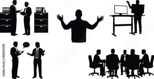 Business people silhouette illustration set showing office communication, presentations, teamwork and corporate meetings, professional black and white vector artwork