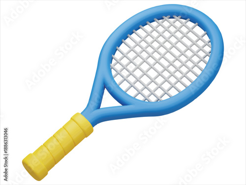 Blue and yellow tennis racket with white strings on transparent background for sports and leisure activities