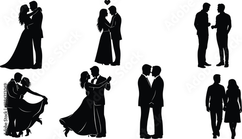 Romantic couple silhouette illustration set showing love, dancing, hugging and intimate relationship moments, elegant black and white vector artwork