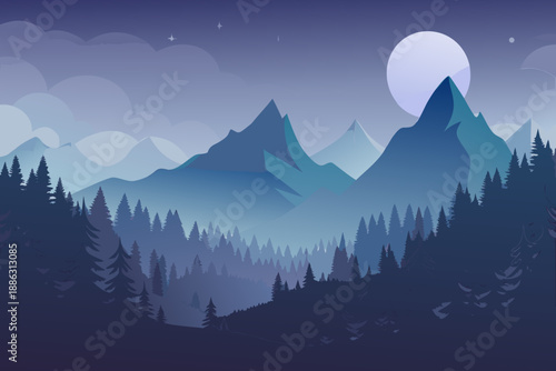 Minimal of a foggy night forest with mountains and a large moon 6