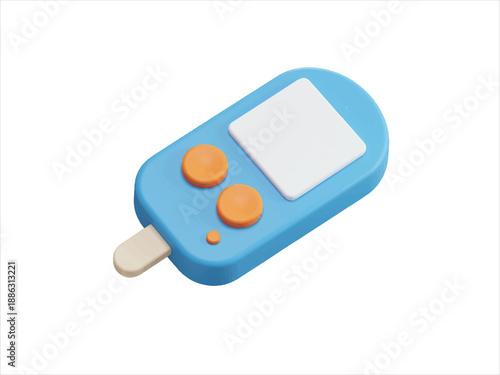 Blue toy remote control with orange buttons and white square on top  isolated object