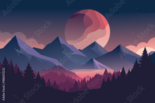 Minimalist Night Landscape with Pink Moon and Dark Forest mountains trees 2