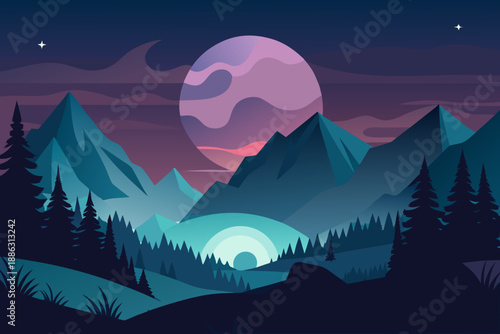 Minimalist Night Landscape with Purple Moon and Dark Forest mountains trees 2