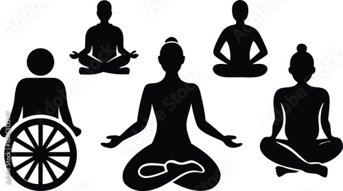 Diverse group of people meditating in yoga poses, including a person in a wheelchair