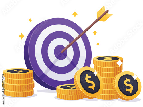 Business success concept with target and stacks of gold coins and dollar signs on white background  hitting the bullseye