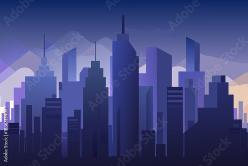Soft dark city background showing distant skyscrapers with purple and blue gradient cityscape