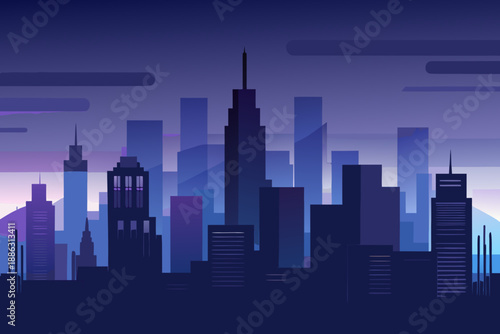 Soft dark city background showing distant skyscrapers with purple and blue gradient sky buildings skyline