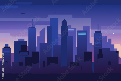 Soft dark city background with distant purple and blue skyscrapers at dusk cityscape