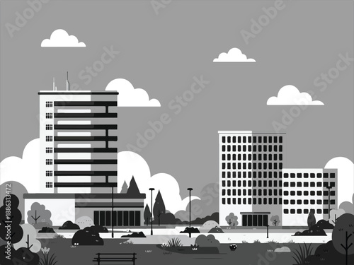 Cityscape with modern buildings and trees in grayscale illustration style with cloudy sky