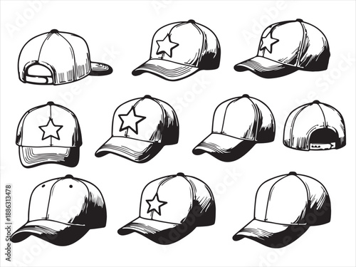 Collection of various baseball cap designs with star emblems in black and white illustrations  headwear fashion accessories