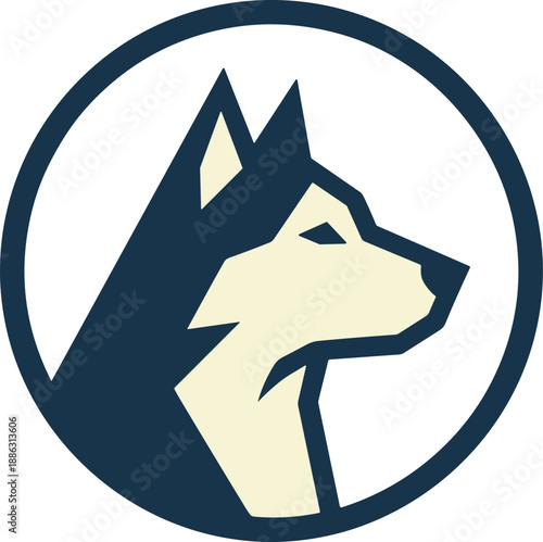 Stylized illustration of a husky dog's head in profile, set within a dark blue circle.
