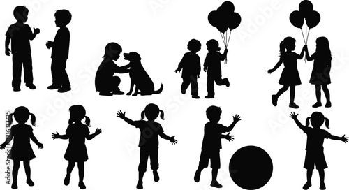 Kids silhouette illustration set featuring children playing, talking, holding balloons, interacting with pets and joyful childhood activities in black and white vector artwork