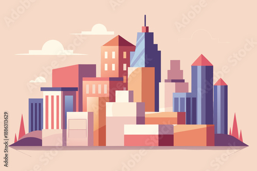 Ultra Minimal Cityscape with Abstract Block Style in Red Orange and Blue buildings