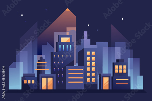 Ultra Minimal Night Cityscape with Abstract Block Buildings and Blue Orange Lighting abstract buildings 1