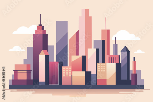 Ultra Minimal Cityscape with Abstract Block Style Buildings in Pink Purple and Gray skyline