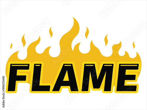 Flame text with yellow fire design and black letters on white background  hot burning flame icon