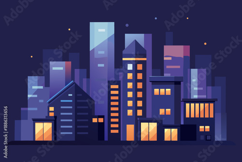 Ultra Minimal Night Cityscape with Abstract Block Buildings and Blue Orange Lights abstract buildings
