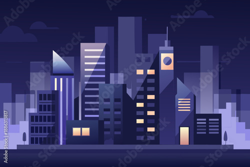 Ultra Minimal Night Cityscape with Abstract Block Buildings and Purple Blue Gradient abstract buildings
