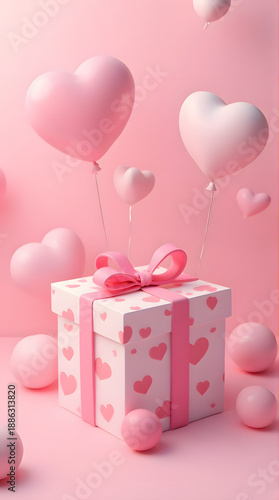 Romantic Pink Heart Gift Box with Floating Balloons – Valentine's Day Background