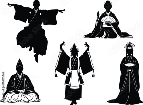 Traditional Japanese silhouette illustration set featuring kimono figures, classical dance poses and cultural costumes, black and white vector artwork