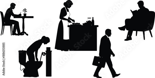 Daily life silhouette illustration set showing people cooking, reading, working, relaxing and household activities, black and white lifestyle vector artwork