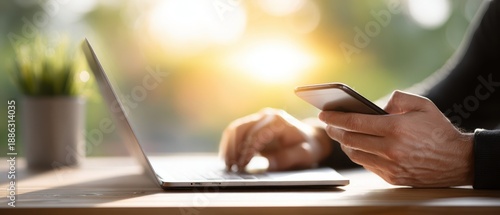Digital Connection: a person is seen using both a laptop and mobile phone, blending work and communication in a modern, light-filled workspace.