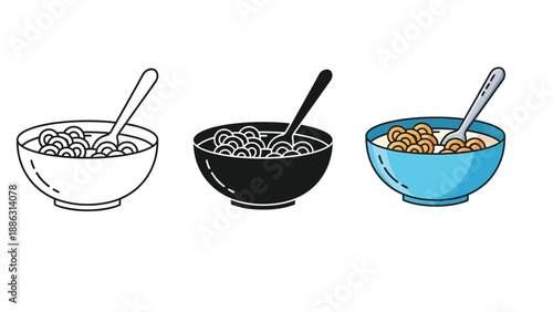 Cereal in a bowl with a spoon, set of three icons outline, solid black and color illustration