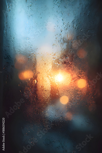 Rainy Window With Warm Bokeh Light Background