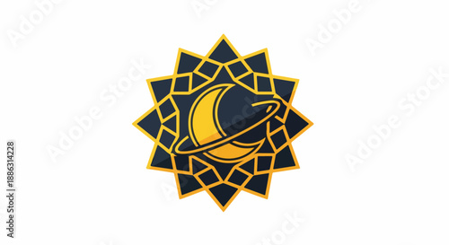 Stylized cosmic logo featuring a golden crescent moon and orbiting planet within a dark circle, surrounded by a luxurious black and gold starburst design.