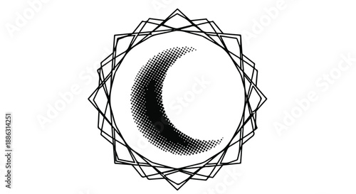 Abstract black and white crescent moon design within an intricate geometric star frame, symbolizing celestial beauty and spiritual harmony.