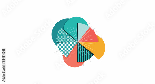 Abstract geometric pie chart design with colorful segments and patterns, representing data visualization, business analytics, and modern graphic concepts.