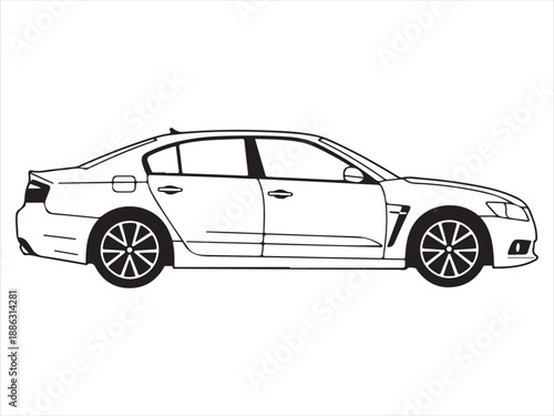 Side view of a four door sedan car in outline style on white background  automotive illustration