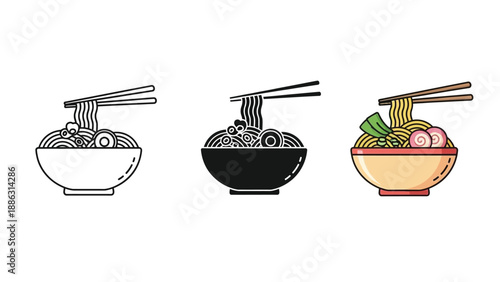 Set of three ramen noodle bowls with chopsticks, line art, solid silhouette and color illustration styles