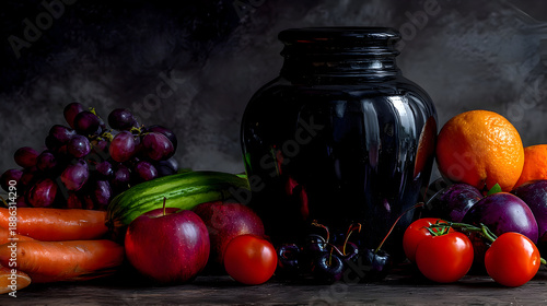 Moody Dark Still Life With Black Pot And Produce