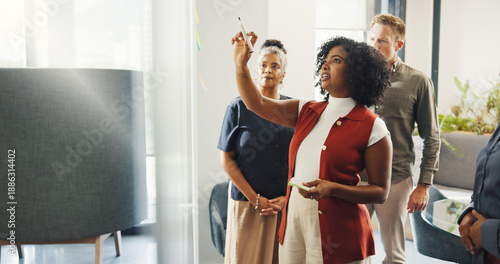 Business, people and meeting with notes on glass for training, planning session and story ideas. Woman, briefing and coaching with team, copywriting schedule and editor feedback for news publication