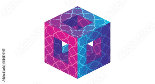 Abstract geometric cube with a gradient of purple and blue, featuring a complex internal structure and intricate pattern
