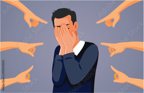 Society Pointing Fingers at a Man Crying Illustration.  Public Condemnation of a Distressed guy for being too emotional
   