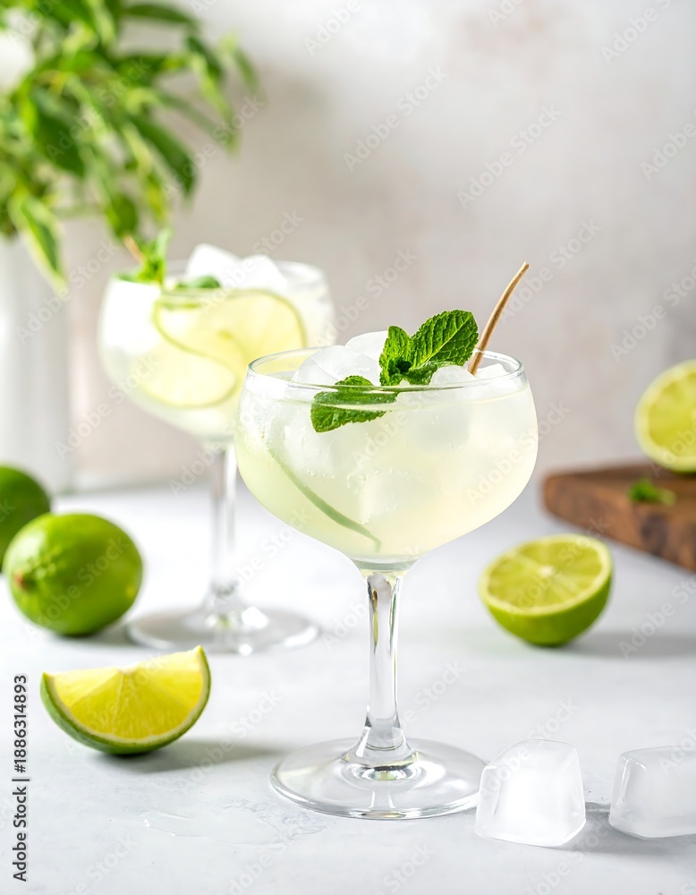 Fototapeta premium Refreshing lime drinks with ice and mint garnish, on a white surface with limes and plant leaves as decor
