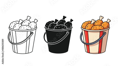 Set of three fried chicken buckets in different styles outline, silhouette and color illustration