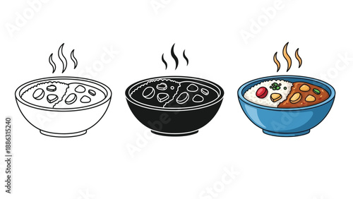 Set of three bowls of hot curry or stew in different styles outline, silhouette and colored illustration