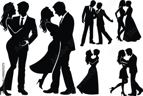 Silhouettes of couples dancing and embracing romantically