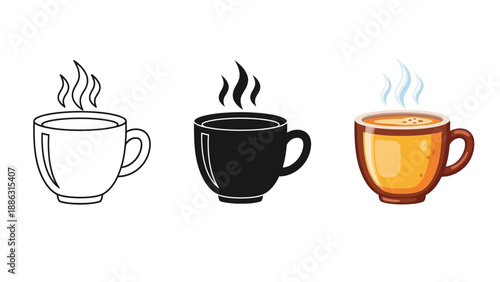 Set of three steaming coffee cups icons outline, solid black silhouette and colored illustration