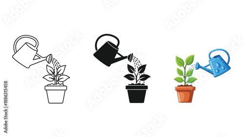 Set of three icons representing watering a potted plant outline, solid black silhouette and full color illustration