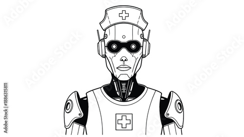 Nurse robot portrait wearing clinical cap and headset symbolizing healthcare ai staffing, credentialing and patient-safety protocols vector illustration
